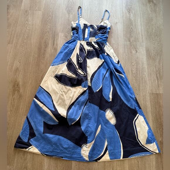 mon renn twilight palms blue & cream strappy midi summer sun dress size small - Picture 6 of 9